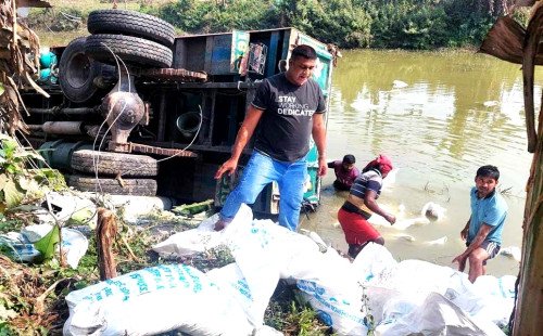 কুষ্টিয়ায় ঘন কুয়াশায় ৪০০ বস্তা সার নিয়ে খালের পানিতে ট্রাক